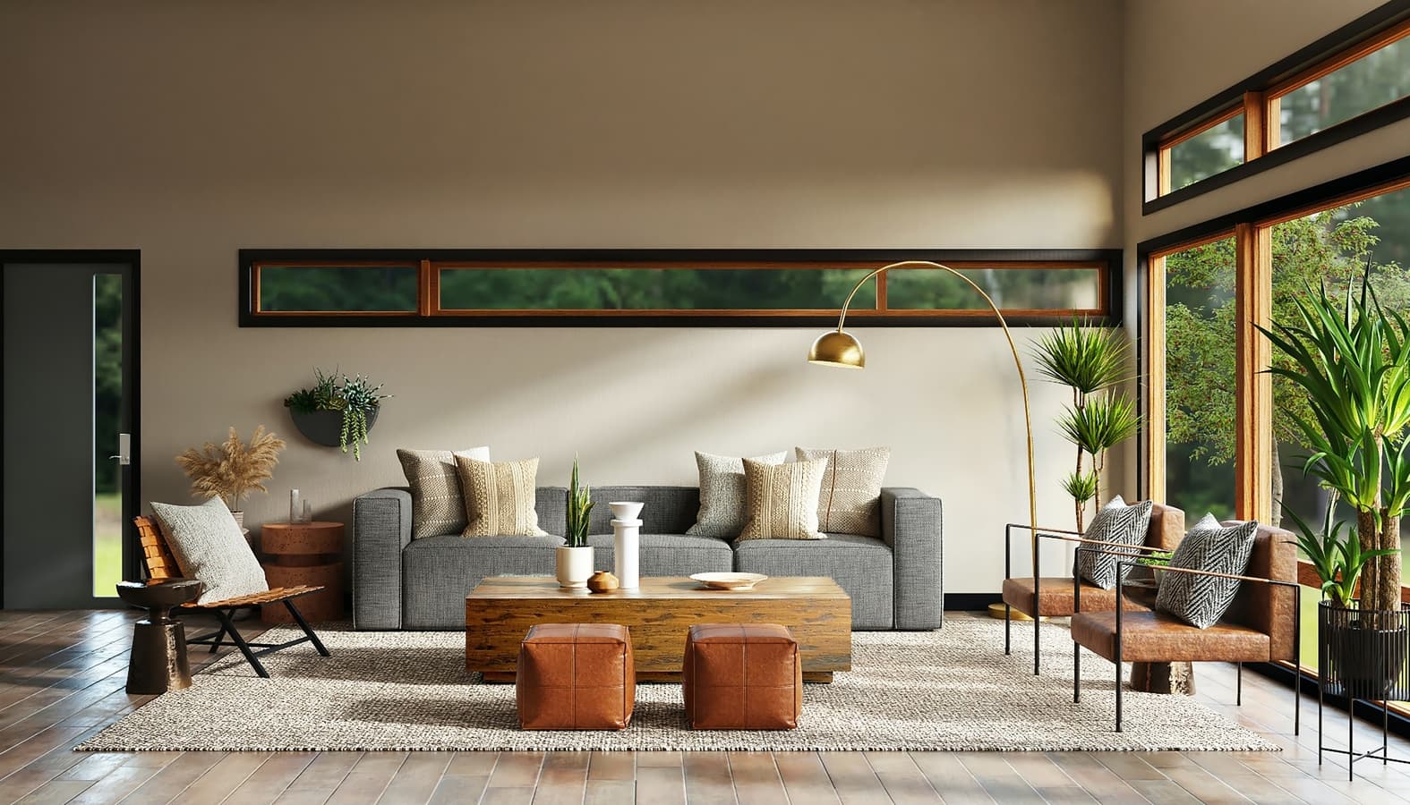 Layered interior detail with sculptural furniture and warm finishes